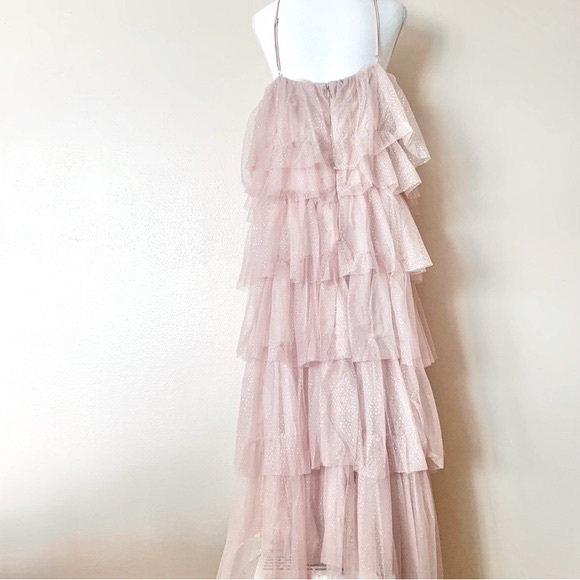 Arula Pink & Silver Speckled Glitter Halted Tulle Tiered Maxi Dress. - Picture 5 of 10